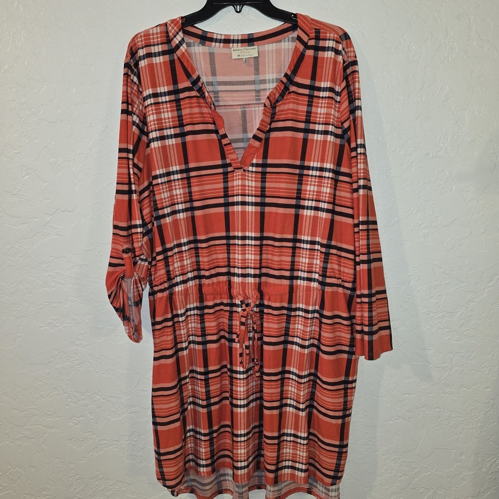 Bobbie Brooks Tunic/Dress Womens Plus Size 3X Pink Plaid V-Neck Drawstring Waist